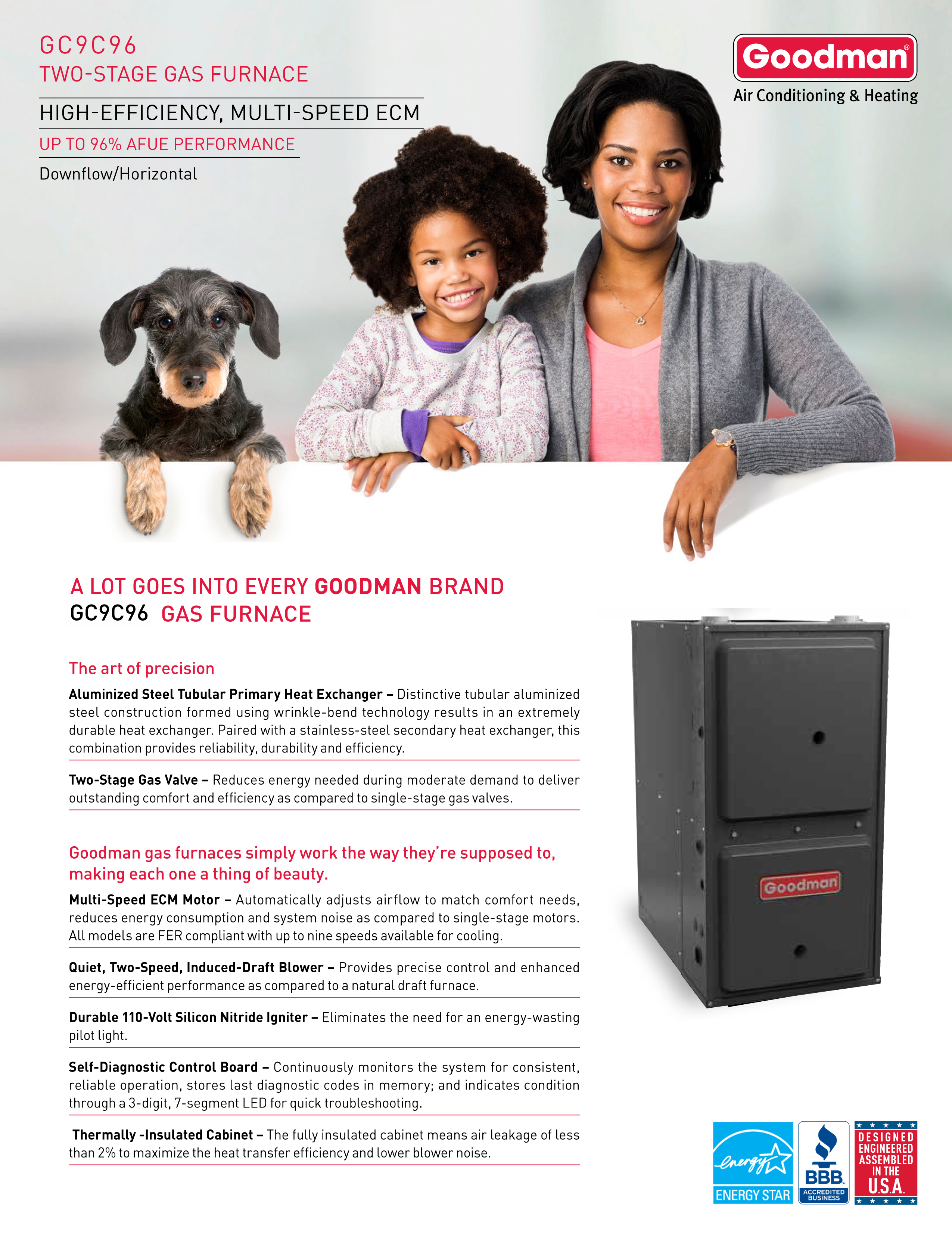 Goodman 96% Two Stage 40K BTU Gas Furnace, GC9C960403BN DOWN-FLOW